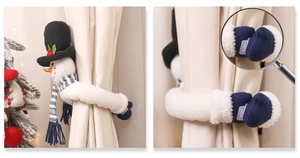 Detail of Christmas snowman curtain buckle with magic tape fastener for holiday decor