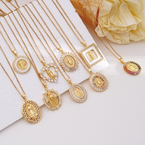 Virgin Mary Pendant Necklace Gold Plated Copper Cubic Zirconia Religious Jewelry For Women Our Lady Of Guadalupe Retro
