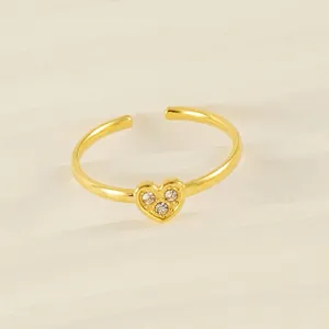 Stainless Steel Heart Adjustable Ring 18K Gold Plated With Cubic Zirconia For Women Minimalist Fashion Jewelry