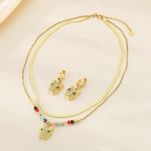 Detail of 18K gold plated stainless steel leopard pendant necklace and earring set