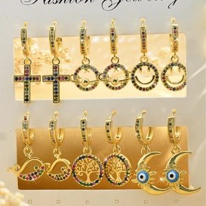 12-piece gold hoop earrings set with colorful zircon cross and star charms