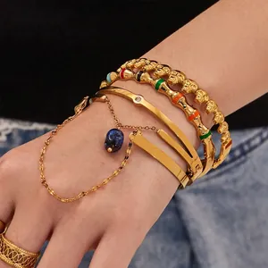 Stainless Steel Bangle Bracelet Colorful Enamel Bamboo Joint Skull Natural Stone Waterproof Fashion Jewelry For Women