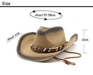Detail view of straw cowboy hat showing 8cm brim, 12cm height, and adjustable chin strap