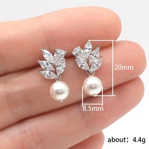 Leaf design drop earrings with AAA teardrop zircon and 8.5mm white pearl in silver finish