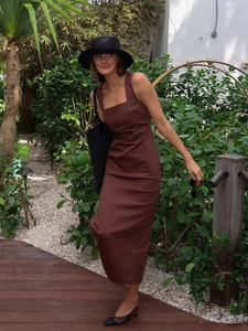Deep brown square neck sleeveless maxi dress in cotton linen blend with slim fit cut