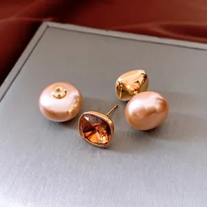 18K gold plated double-sided stud earrings with amber square crystal and pearl accents
