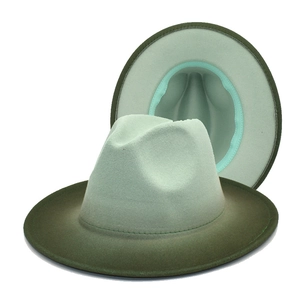 Detail of gradient army green felt fedora hat showing interior stitching and exterior shape