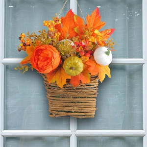 Autumn harvest pumpkin and maple leaf hanging basket for front door and yard decoration