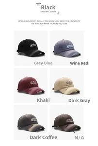 Detailed grid showing six distressed baseball caps with 'drink' embroidery and ripped brims