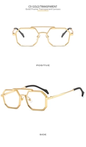 Detailed front and side view of gold polygon metal sunglasses with transparent lenses