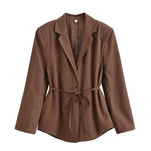 Brown slim-fit blazer for women featuring a stylish waist belt and tailored lapel