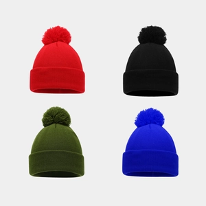 Winter Beanie Hat Pom Pom Acrylic Knit Thermal Cuffed Solid Color Outdoor Warm Unisex
