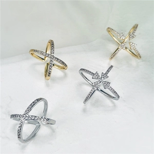 Elegant Copper 18K Gold Plated X-Shape Cross Ring Women Adjustable Open Arrow Design Cubic Zirconia Micro-Pave Jewelry