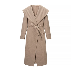Elegant camel long wool coat with large lapels and waist tie on white background