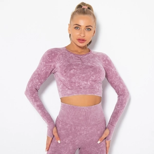 Completo yoga due pezzi effetto lavaggio acido con top a maniche lunghe e leggings viola