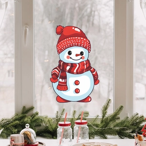 Christmas snowman window sticker with red hat and scarf on glass for home holiday decor