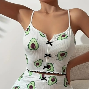Women's 2-piece white avocado print pajama set with cami top and ruffled shorts