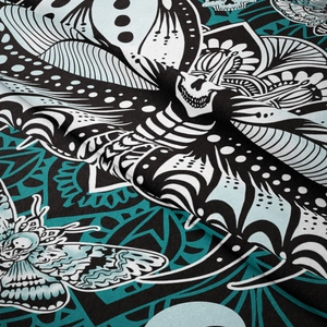 Macro detail of gothic skeleton butterfly print on high-quality fabric tapestry