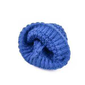Close-up of chunky ribbed knit texture on royal blue kids winter beanie hat