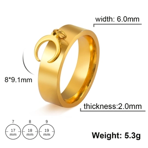 Fashionable gold stainless steel ring with crescent moon pendant and size specifications