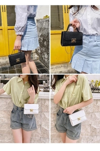 Multiple views of a quilted crossbody bag with metal chain strap and square lock