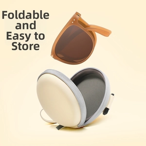 Gafas de sol plegables marrones con estuche de almacenamiento redondo beige