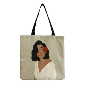 Detail of minimalist lady illustration with red flower on canvas tote bag