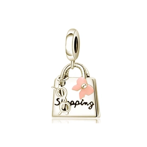 Silver shopping bag charm with pink bow and glasses for travel theme bracelets