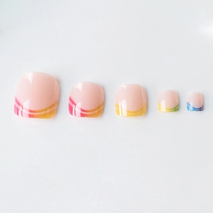 Rainbow stripe french tip press-on toenails with natural pink base in 5 sizes set