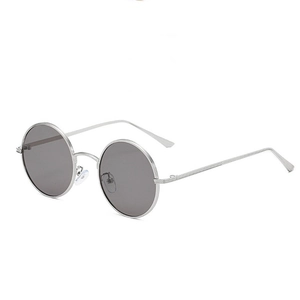Lunettes de soleil rondes rétro punk avec monture en métal argenté et verres gris foncé unisexes