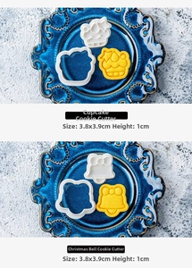 Cupcake and bell cookie cutters with stamps showing embossed details and measurements