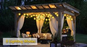 Outdoor gazebo decorated with warm solar bubble globe string lights with 8 lighting modes