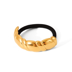 Polished gold twisted metal element on a premium black elastic hair tie for women