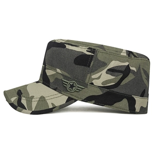 Men's camouflage flat top cadet cap with tactical star badge for outdoor hiking and sun protection