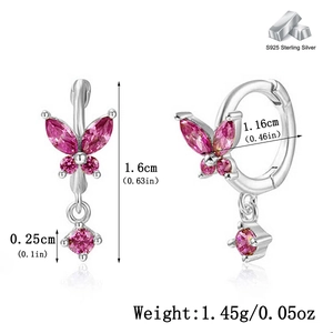 Detailed view of 925 sterling silver butterfly earrings with pink cubic zirconia measurements