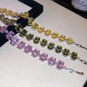 Elegant double-layered oval zircon bracelets in pink, olive green, and bright yellow