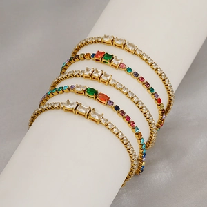 Women Tennis Bracelet 18K Gold Plated Stainless Steel Cubic Zirconia Rainbow Heart Round Square Cut Adjustable Jewelry