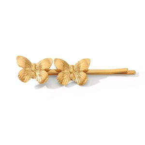 Barrette à cheveux femme en acier inoxydable doré 18 carats avec motif double papillon chic