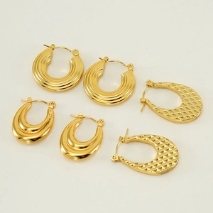 Three pairs of 18K gold plated stainless steel hoop earrings in textured and polished designs