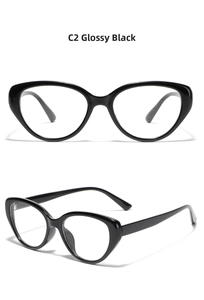Detail view of glossy black cat-eye sunglasses frames showing side and front angles
