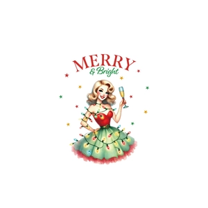Festive Merry & Bright Christmas wall decal featuring a blonde woman in a red holiday dress