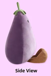 Side view of cute purple plush eggplant toy featuring green stem and embroidered details