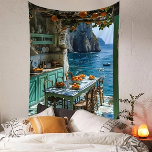 Detail of Mediterranean seaside view tapestry featuring coastal terrace and ocean scenery