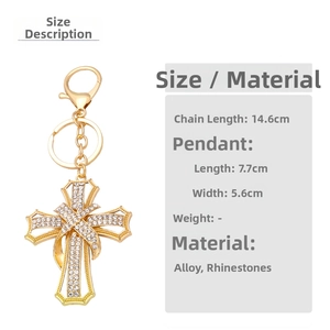Detailed view of rhinestone cross keychain showing precise dimensions and alloy material