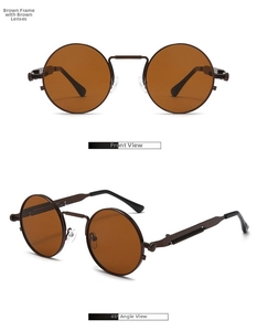 Retro round steampunk sunglasses with tea lenses and spring hinge metal temples