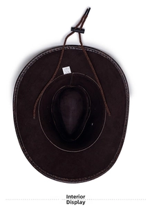 Detail of dark coffee cowboy hat interior featuring embossed texture and adjustable chin strap