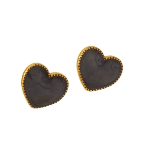Fashionable heart earrings in gold and black enamel with textured stainless steel finish