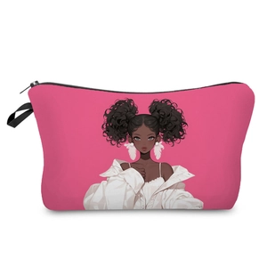 Pink cosmetic bag with cartoon black girl print and black zipper on white background