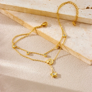 Chaîne de cheville double couche en acier doré avec pendentifs lune et étoile sur pierre