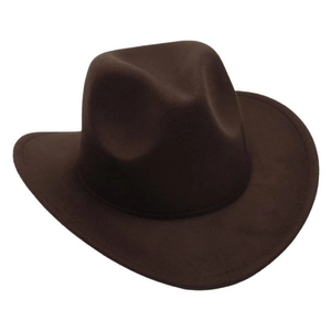 Close-up of the dark brown felt cowboy hat showing detailed stitching on the wide brim